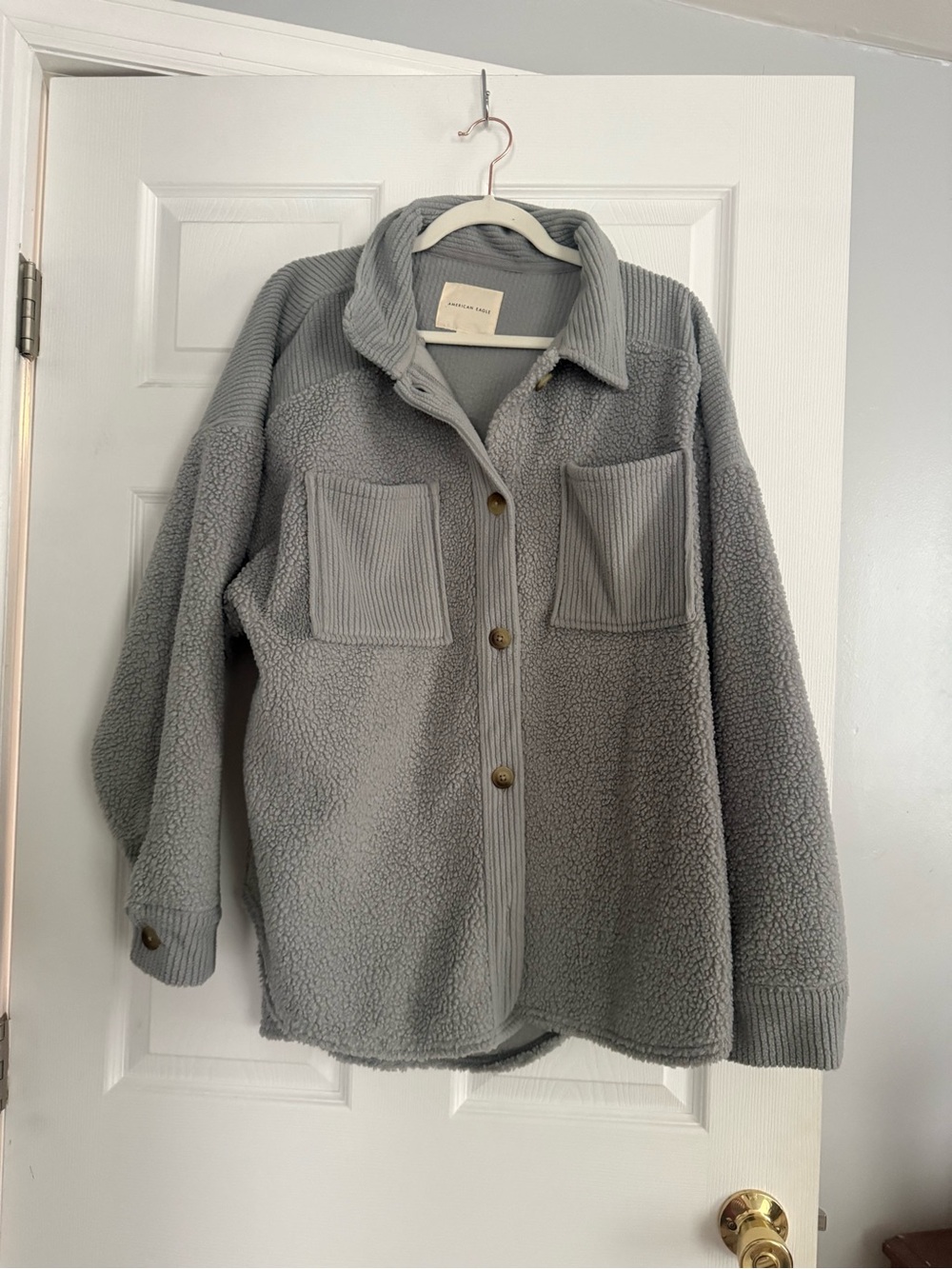 American Eagle Cozy Grey Sherpa Shacket - Women's Jacket